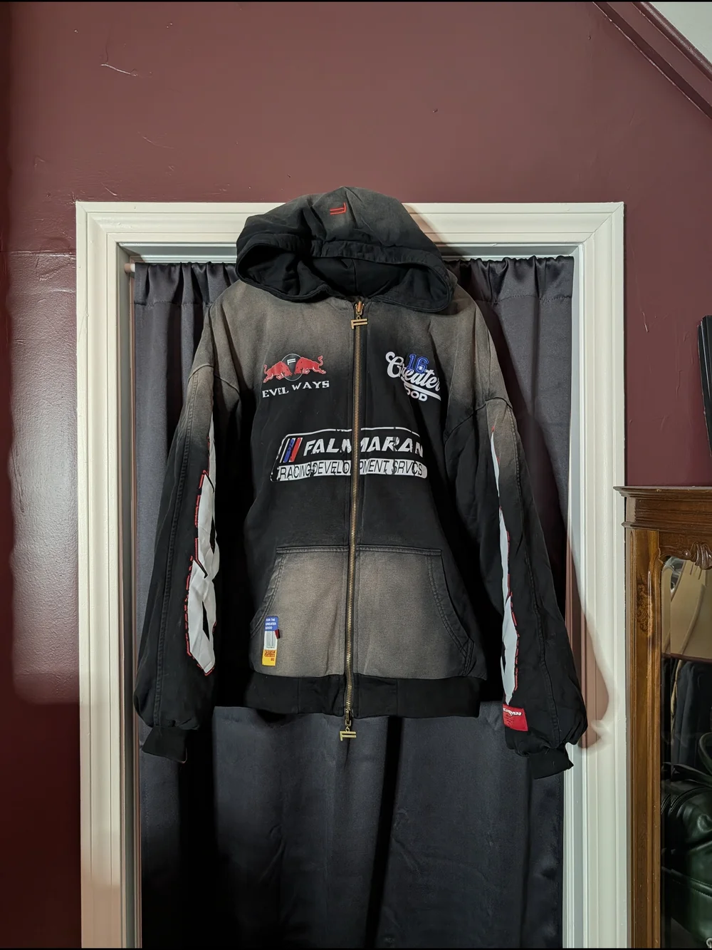 FALMARAN Reversible Racing VALET Black Sun-faded Zip-up Bomber Jacket Sz3